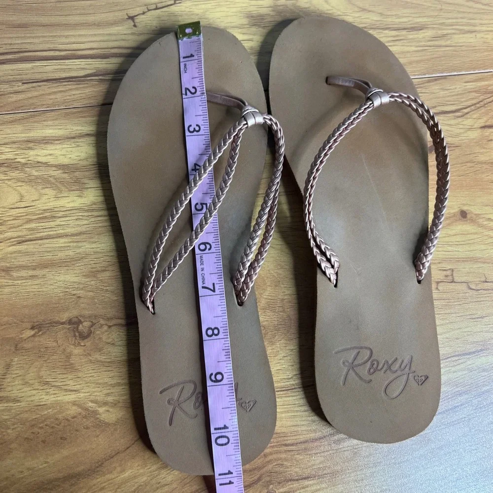 Roxy Flip Flops Thongs Womens Size 9 Rose Gold Braided‎ Metallic Sandal Casual